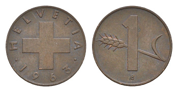 Швейцария 1 раппен 1963 B KM 46 бронза 3458-236