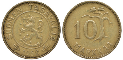 Финляндия 10 марок 1952 H, первый год чекана KM 38 алюминиевая бронза 4164-437