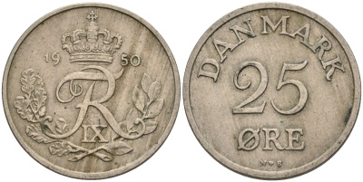 Дания 25 эре 1950 N,S, Фредерик IX (1947-1972) KM 842.1 медно-никель 4566-523