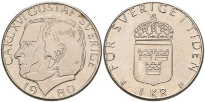 Швеция 1 крона 1980 U, Карл XVI Густав (1973- ) KM 852 медь плакированная медно-никелем 4571-621