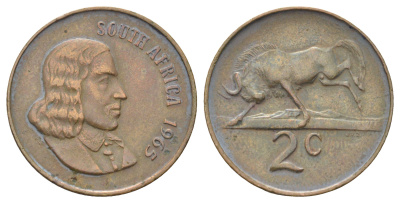 ЮАР 2 цента 1965 Ян ван Рибек (1619-1677), South Africa, легенда на английском, антилопа KM 66.1 бронза 4700-914