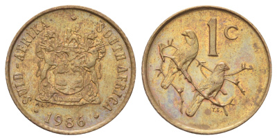ЮАР 1 цент 1986 герб, капские воробьи KM 82 бронза UNC 4696-933