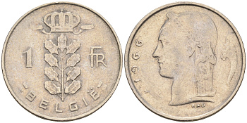 БЕЛЬГИЯ 1 ФРАНК 1966 BELGIE KM 142.1 медно-никель 4589-752