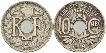 ФРАНЦИЯ 10 САНТИМОВ 1919 ТИП ЛИНДАЙЁ KM 866а, LE FRANC 138.3 медно-никель 108-125