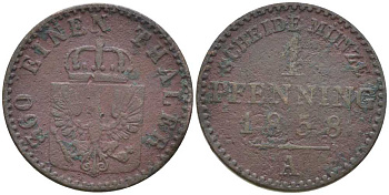 ПРУССИЯ 1 ПФЕННИГ 1858 А, ФРИДРИХ ВИЛЬГЕЛЬМ IV (1840-1861) KM 451 медь 201-538