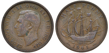 Великобритания 1/2 пенни 1941 Георг VI (1936-1952) KM 844, Spink 4115 бронза 62-1043