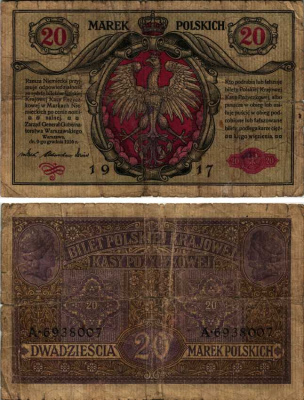 ПОЛЬША 20 МАРОК 1917 ГЕРМАНСКАЯ ОККУПАЦИЯ ПЕРВАЯ МИРОВАЯ ВОЙНА, ВТОРОЙ ВЫПУСК Pick 14 бумага F 6352-36-1-1