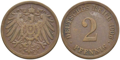 ГЕРМАНИЯ 2 ПФЕННИГА 1906 D KM 16, J. 11, Weege 4 медь 206-527