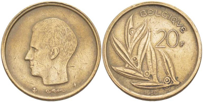 Бельгия 20 франков 1980 Belgique, Бодуэн I (1951-1993) KM 159 никель бронза 4389-632