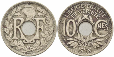 ФРАНЦИЯ 10 САНТИМОВ 1919 ТИП ЛИНДАЙЁ KM 866а, LE FRANC 138.3 медно-никель 108-125
