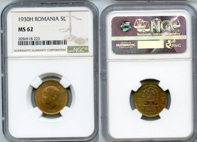 Румыния 5 лей 1930 в слабе NGC, грейд MS 62 KM 48 никель латунь UNC 15-011-11