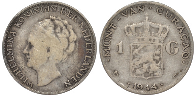 Нидерландское Кюрасао 1 гульден 1944 D, Вильгельмина (1890-1948) KM 45 серебро 36-712