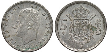 Испания 5 песет 1975 (79) Хуан Карлос I (1975-2014) KM 807 медно-никель 4128-1156