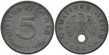 Германия 5 рейхспфеннигов 1942 F, монетный двор Штутгарт KM 100, J. 370 цинк 186-813