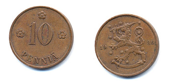 Финляндия 10 пенни 1936 республика (1918-1962) KM 24 медь 51-5532