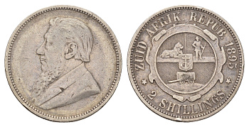 ЮАР 2 шиллинга 1895 ZAR, Трансвааль, Крюгер KM 6 серебро 1531-1415