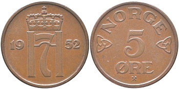Норвегия 5 эре 1952 Хокон VII (1905-1957) KM 400 бронза 4123-326