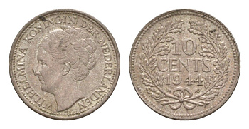 Нидерланды 10 центов 1944 Вильгельмина (1890-1948) KM 163 серебро 4659-214