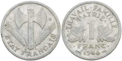 ФРАНЦИЯ 1 ФРАНК 1944 С, ТИП LEGERE, ПРАВИТЕЛЬСТВО ВИШИ KM 902.2, LE FRANC 223.7 алюминий 4541-144