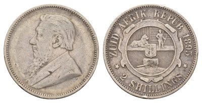 ЮАР 2 шиллинга 1895 ZAR, Трансвааль, Крюгер KM 6 серебро 1531-1415