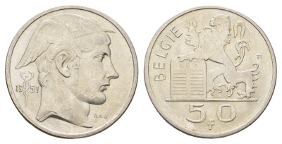 Бельгия 50 франков 1951 Бодуэн I (1951-1993), Belgiqe KM 137 серебро UNC 3855-925