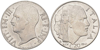 ИТАЛИЯ 20 ЧЕНТЕЗИМО 1941 R, ГОД XIX, ВИКТОР ЭММАНУИЛ III (1900-1946) KM 75b, VEM3. 1028 нержавеющая сталь 3853-1212