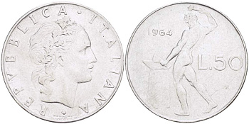 ИТАЛИЯ 50 ЛИР 1964 R, КУЗНЕЦ KM 95.1 нержавеющая сталь 4523-646