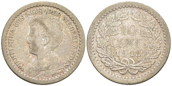 НИДЕРЛАНДЫ 10 ЦЕНТОВ 1915 ВИЛЬГЕЛЬМИНА I (1891-1948) KM 145 серебро 4532-1158