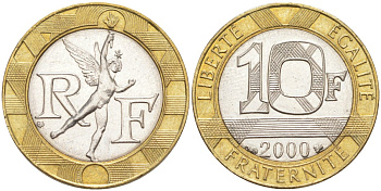 Франция 10 франков 2000 тип гений Бастилии KM 964.1, Le Frank 375.17 биметалл 4519-334