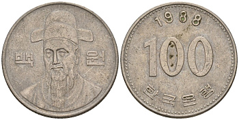 Южная Корея 100 вон 1988 Ли-Сунсин, корейский флотоводец KM 35.2 медно-никель 4146-952