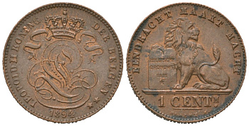 Бельгия 1 сантим 1894 Belgen, Леопольд II (1865-1909) KM 34.1 медь aUNC 4621-642