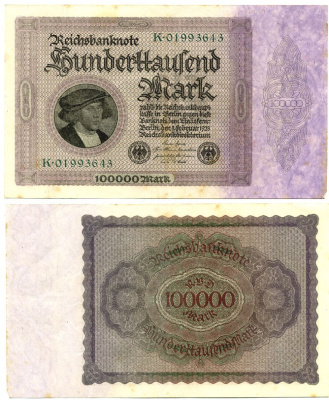 ГЕРМАНИЯ 100000 МАРОК 1923 1 ФЕВРАЛЯ 1923, БЕЗ Т ПОД ПОРТРЕТОМ Pick 83a бумага VF 7146-42-1-2