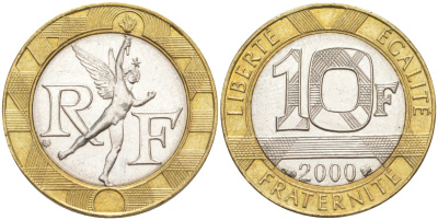 Франция 10 франков 2000 тип гений Бастилии KM 964.1, Le Frank 375.17 биметалл 4519-334