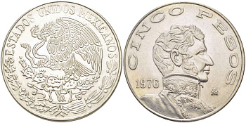 МЕКСИКА 5 ПЕСО 1976 ВИСЕНТЕ ГЕРРЕРО, LARGE DATE KM 472 медно-никель 4521-222