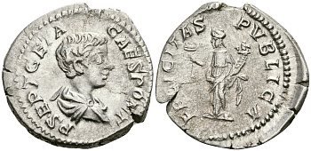 Римская Империя денарий 203 Гета в ранге цезаря FELICITAS PVBLICA Фелицитата, персонификация Счастья Рим Good Very fine RIC 9а серебро 000-00-00