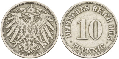 Германия 10 пфеннигов 1905 F KM 12, Jager 13, Weege 8 медно-никель 219-116