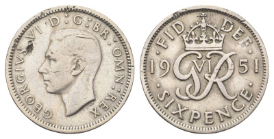 Великобритания 6 пенсов 1951 Георг VI (1936-1952) KM 875, Spink 4110 медно-никель 4697-641