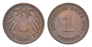 Германия 1 пфенниг 1907 D, Вильгельм II (1888-1918) KM 10, J. 10 медь 4639-1131