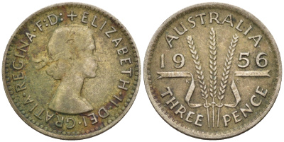 Австралия 3 пенса 1956 m, Елизавета II (1953-) KM 57  серебро    4115-126