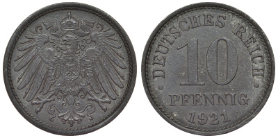 Германия 10 пфеннигов 1921 KM 26, J. 299, Weege 8 цинк 4119-317
