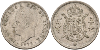 Испания 5 песет 1975 (79) Хуан Карлос I (1975-2014) KM 807 медно-никель 4155-646