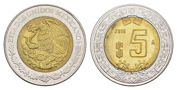 Мексика 5 песо 2016 Mo KM 605 биметалл UNC 4637-712