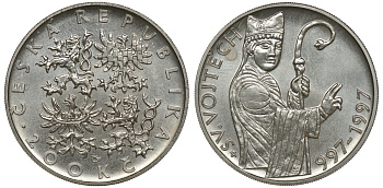 ЧЕХИЯ 200 КРОН 1997 1000 ЛЕТ СМЕРТИ СВЯТОГО АЛЬБЕРТА KM 27 серебро UNC 1527-1325