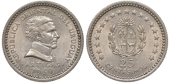 Уругвай 25 сентесимо 1960 KM 40 медно-никель 4576-863