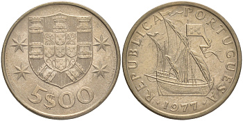 ПОРТУГАЛИЯ 5 ЭСКУДО 1977 ПАРУСНИК KM 591 медно-никель 4561-747