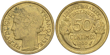ФРАНЦИЯ 50 САНТИМОВ 1939 ТИП MORLON KM 894.1, LE FRANC 192.15 алюминиевая бронза 44-837