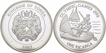 Тонга 1 паанга 1992 XXVI летние Олимпийские игры 1996 года в Атланте, парусный спорт KM 156 серебро PROOF 1068-1-14