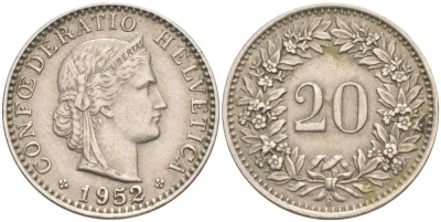 ШВЕЙЦАРИЯ 20 РАППЕНОВ 1952 В KM 29a медно-никель 55-725
