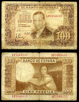 Испания 100 песет 1953 7 апреля 1953, Хулио Ромеро де Торрес Pick 145а бумага 7219-15-1-2