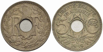 Франция 5 сантимов 1919 тип Линдайё KM 865, Le Franc 121.3 медно-никель 4379-1153